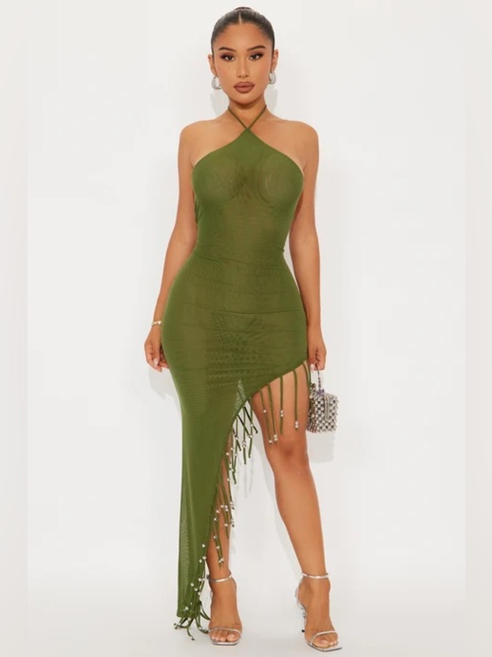 Fashion Nova Tropic Vibes Fringe Midi Dress - Olive NWOT